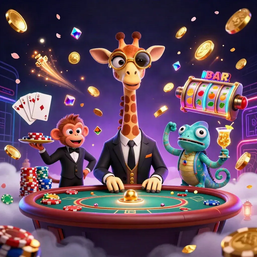 Giraffe high roller, monkey valet, and chameleon bartender amid neon casino treasure and reels.