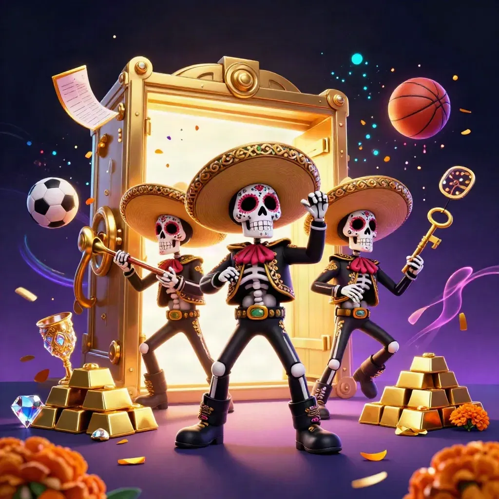 Skeleton mariachi trio amid casino treasure bursts, soccer and basketball flying, neon fireworks glow