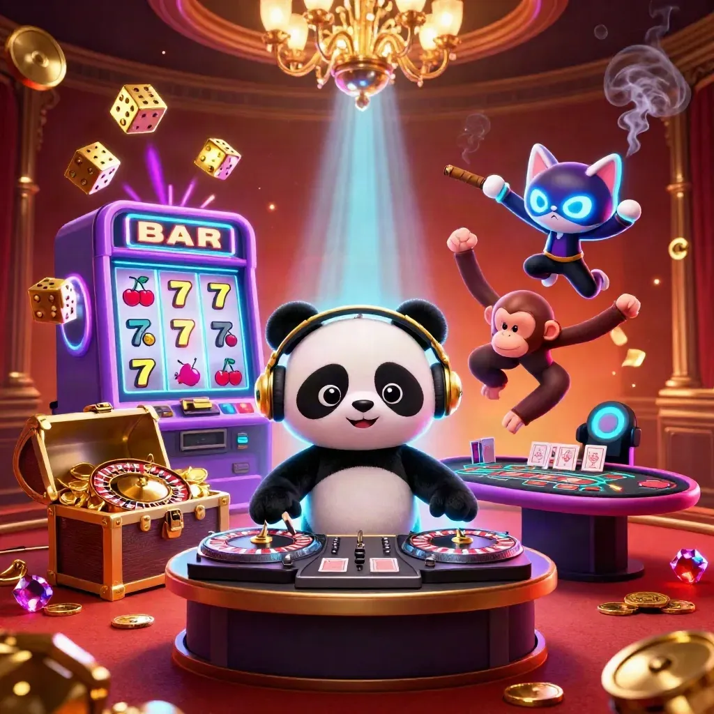 DJ panda, breakdancing monkey, and rave kitten amid jackpot sparks and neon casino glow.