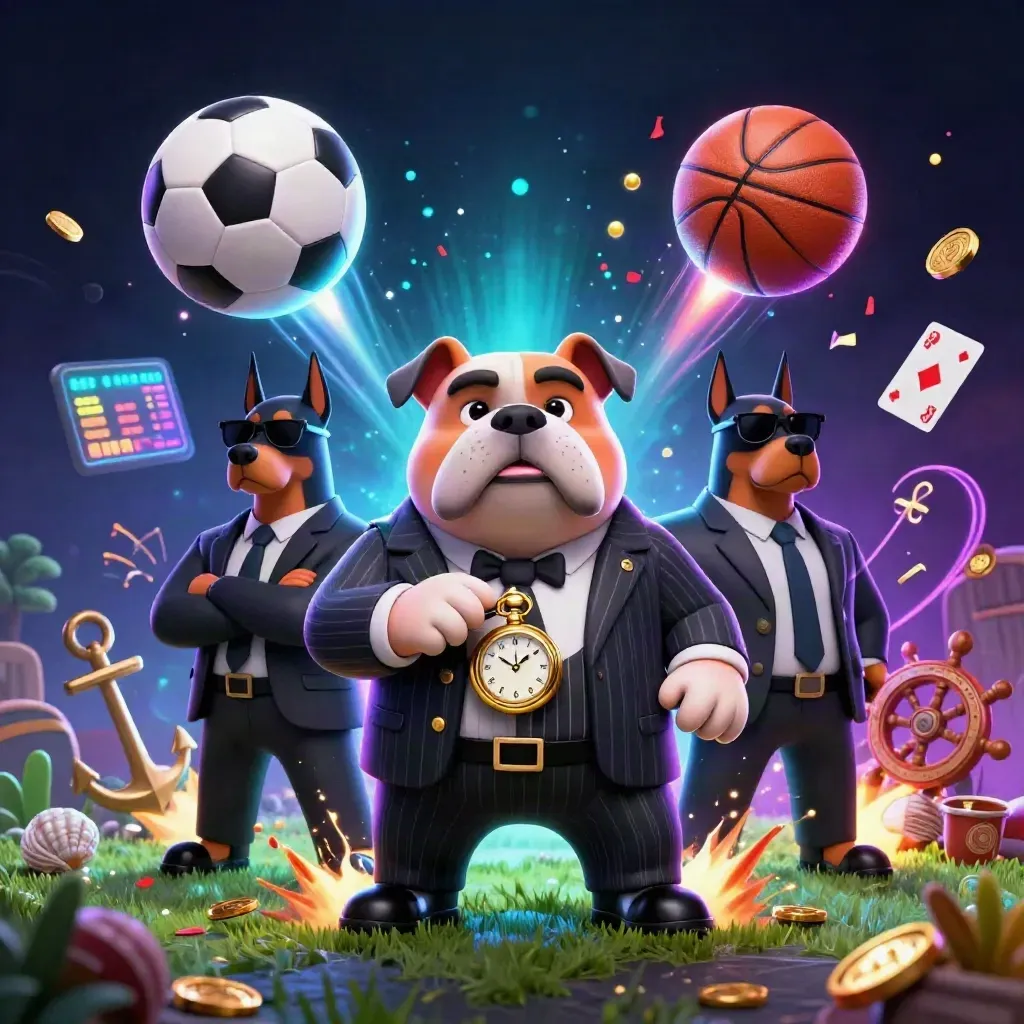 Low-angle cartoon bulldog mob trio amid treasure, balls, coins, and neon casino effects.