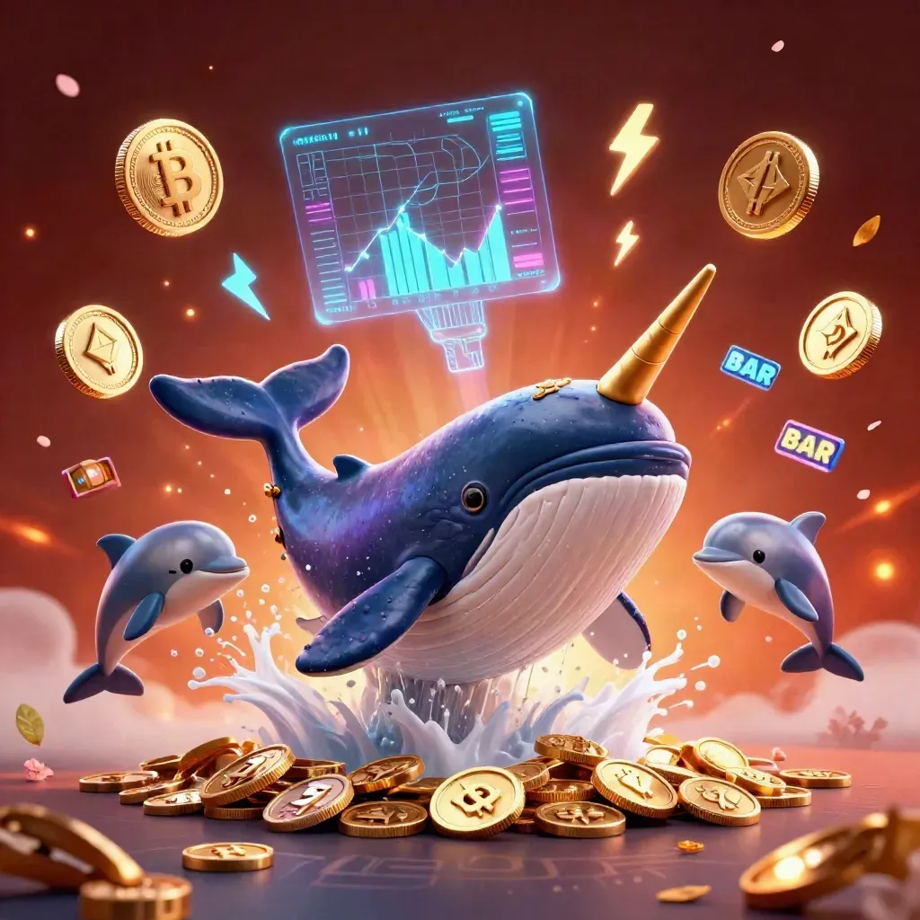 Captain whale, narwhal, and dolphins burst through coins in neon casino splash art.