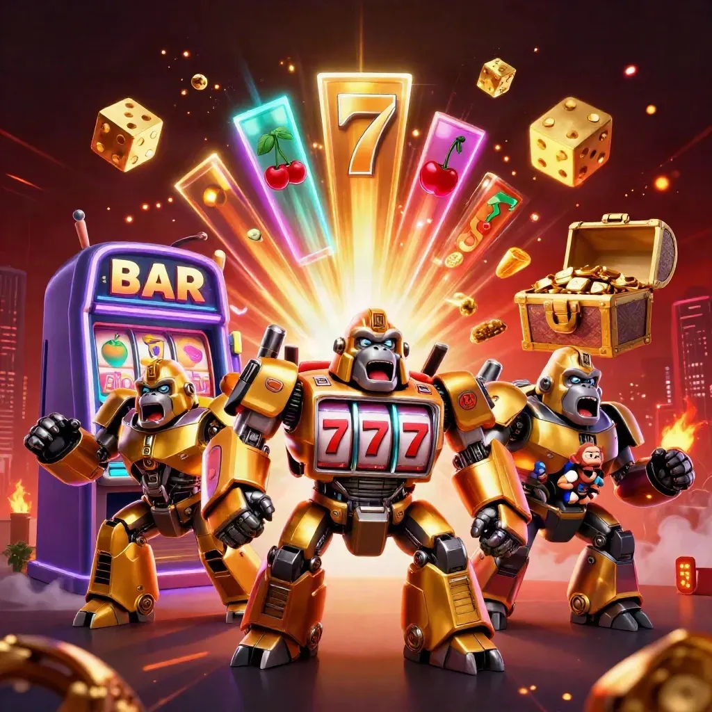 Golden gorilla mech slot hero with exploding jackpot symbols, treasure, and neon casino lighting.