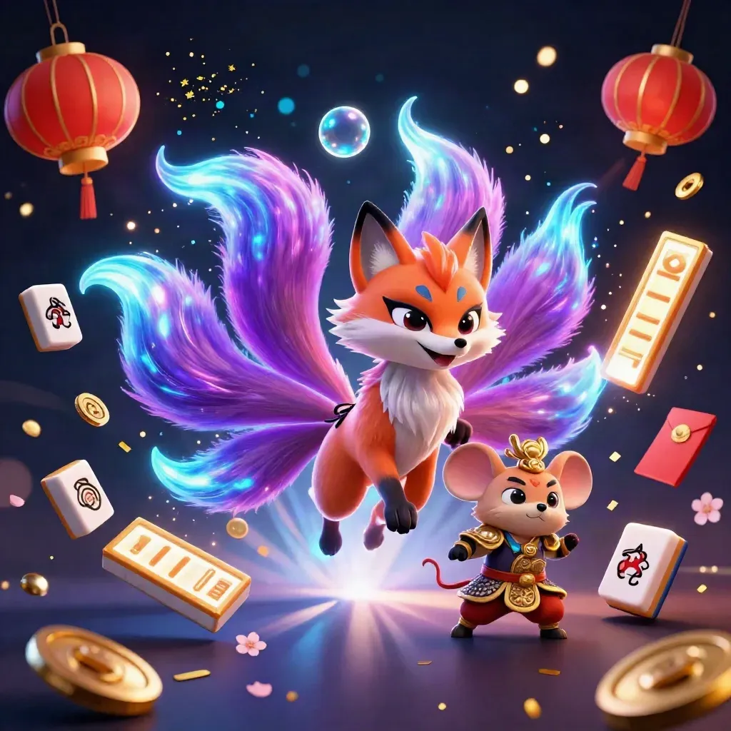 Neon fox spirit and armored mouse amid jackpots, lanterns, coins and magical casino sparks.