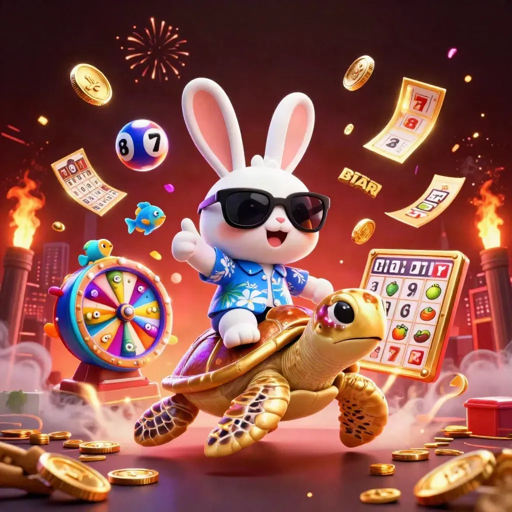 Lucky rabbit rides a gold turtle amid coins, fireworks, reels, and casino prizes.