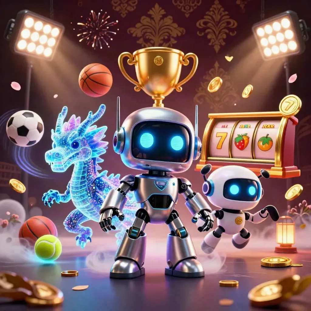 Robot, holographic dragon, and coin drone amid coins, sports balls, fireworks, and neon casino glow.