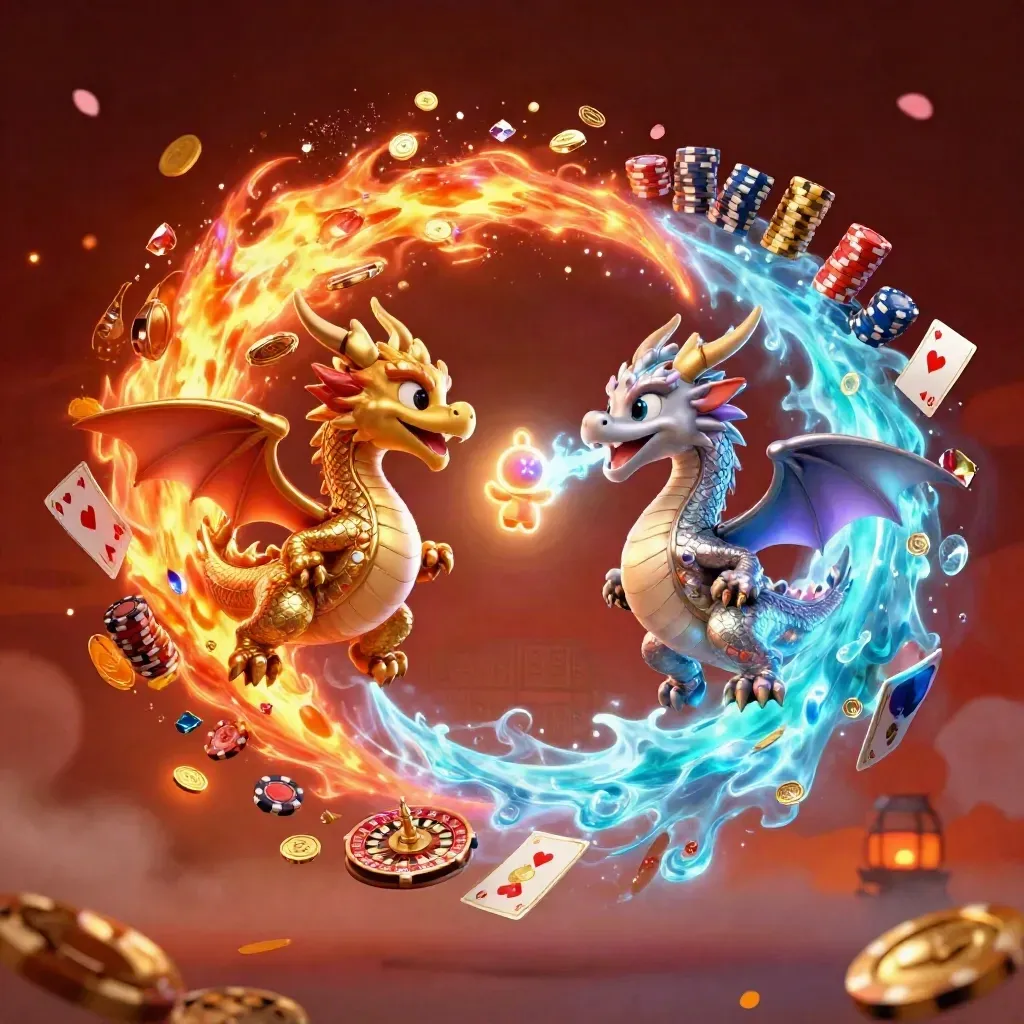 Twin gold and silver dragons spiral with coins, cards, chips and a lantern spirit in neon casino glow.