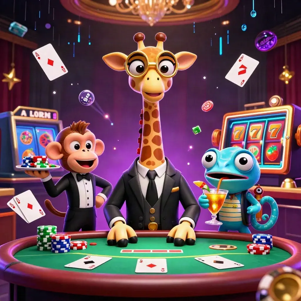 Neon casino scene with giraffe high roller, monkey valet, and chameleon bartender amid chips and slot symbols