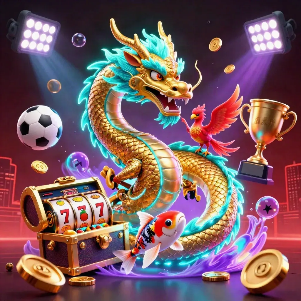 Golden dragon with phoenix and koi, surrounded by casino and sports jackpot energy.