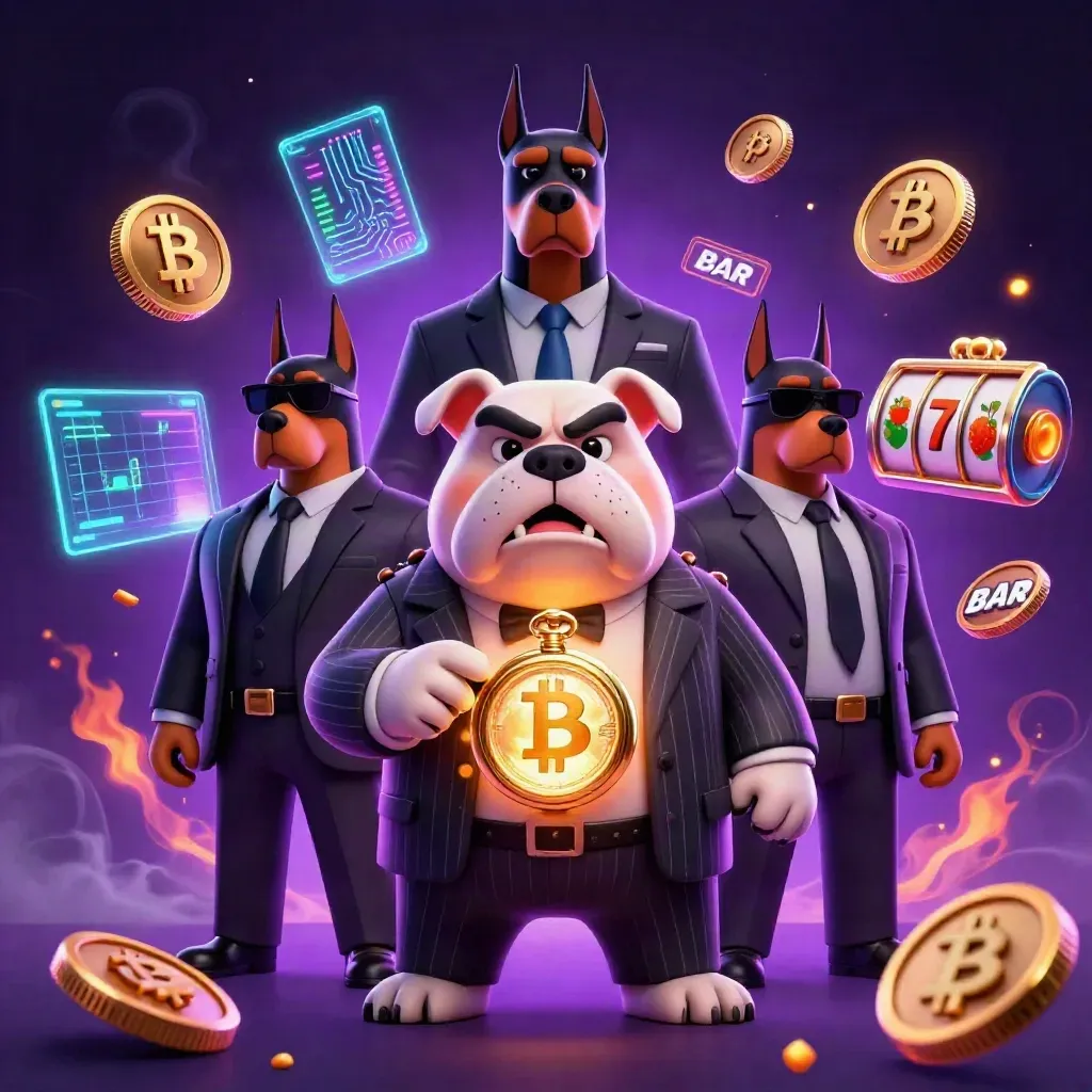 Bulldog boss and two Doberman guards amid neon coins, lightning, and slot symbols